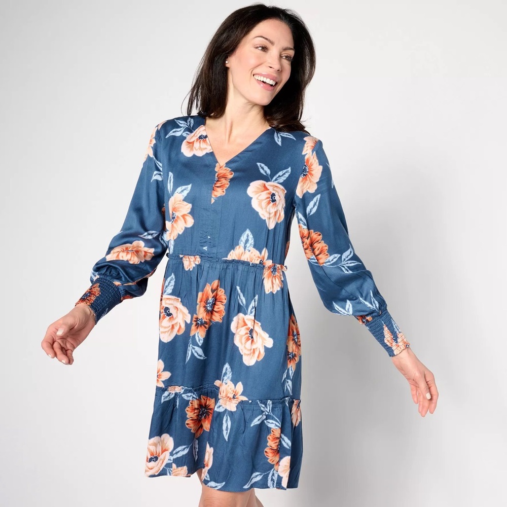 AnyBody Navy Floral Long Sleeve Dress